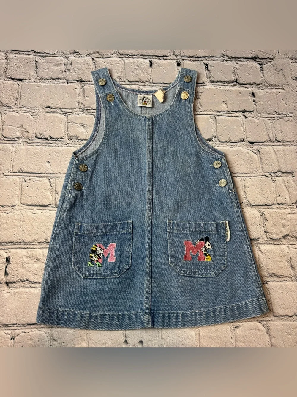 Vintage Disney Denim Overall Dress Minnie & Mickey Pocket Embroidery Size 4